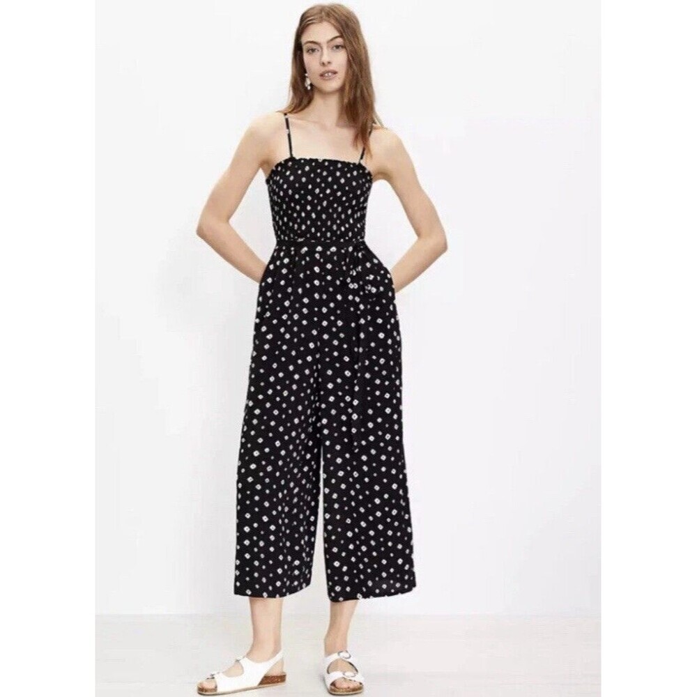 Ann Taylor LOFT Diamond Smocked Strappy Jumpsuit - Black - Size Small Petite